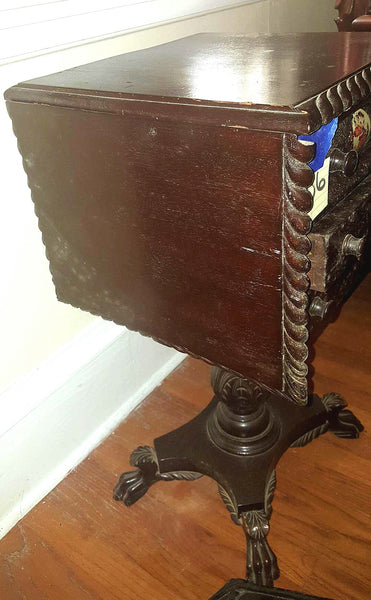 American Empire Mahogany 3 Drawer Drop Leaf End Table with Paw Feet, , Tables, Deep South Antiques Deep South Antiques