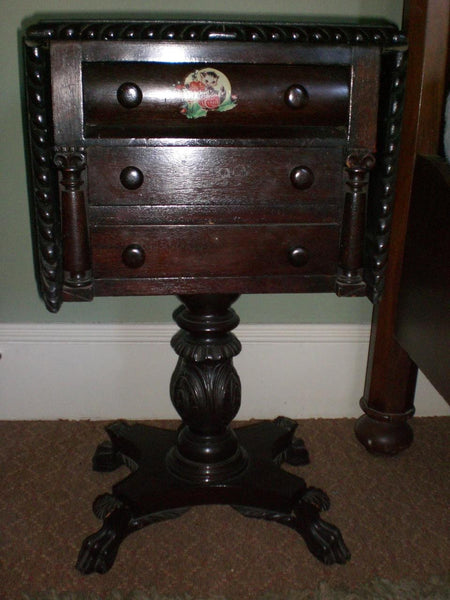 American Empire Mahogany 3 Drawer Drop Leaf End Table with Paw Feet, , Tables, Deep South Antiques Deep South Antiques