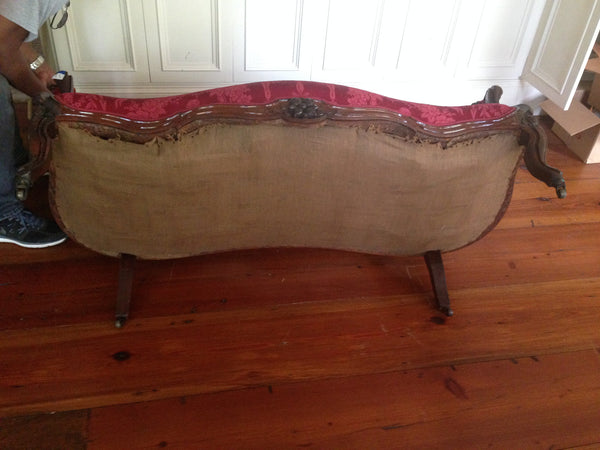 Rococo Rosewood Parlor Sofa Red Silk - 1850’s