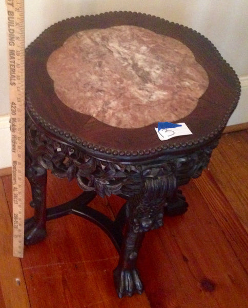 Finely Carved Oriental Teak Marble Top Chinese Plant Stand Asian End Table, , Tables, Deep South Antiques Deep South Antiques