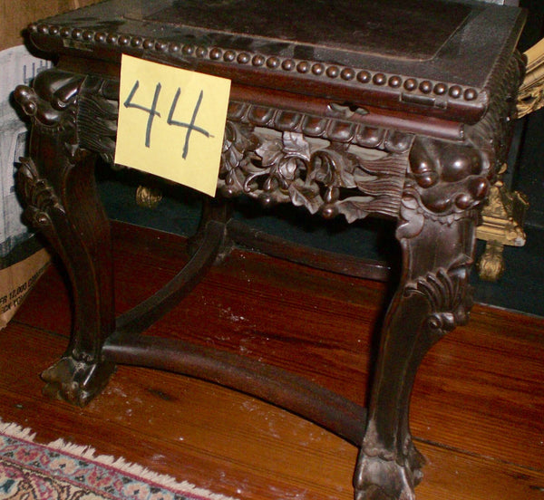 Finely Carved Oriental Teak Marble Top Chinese Plant Stand Asian End Table, , Tables, Deep South Antiques Deep South Antiques