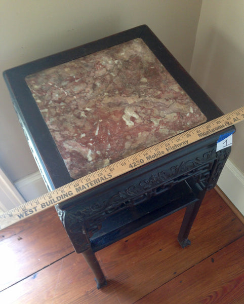Finely Carved Oriental Teak Marble Top Chinese Plant Stand Asian End Table, , Tables, Deep South Antiques Deep South Antiques