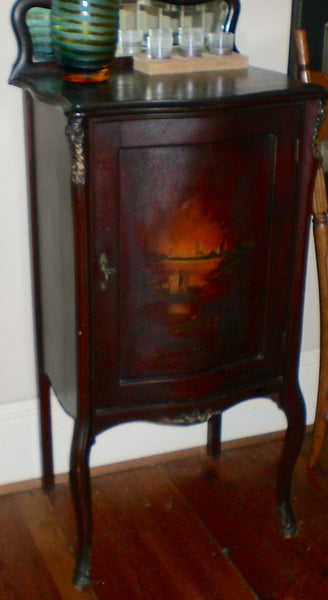 Antique French Style Mahogany Music Cabinet Beveled Mirror Marquetry Case Chest Vanity, , Cabinets, Deep South Antiques Deep South Antiques