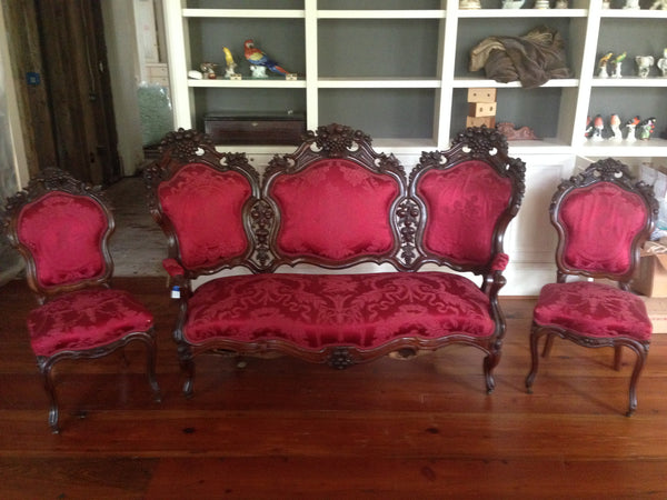 Rococo Rosewood Parlor Sofa Red Silk - 1850’s