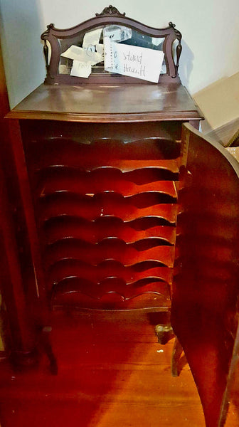 Antique French Style Mahogany Music Cabinet Beveled Mirror Marquetry Case Chest Vanity, , Cabinets, Deep South Antiques Deep South Antiques