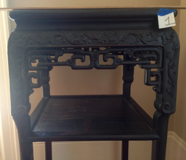 Finely Carved Oriental Teak Marble Top Chinese Plant Stand Asian End Table, , Tables, Deep South Antiques Deep South Antiques
