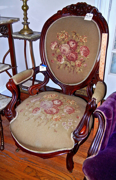 Victorian Renaissance Revival Walnut Needlepoint Parlor Armchair circa 1875