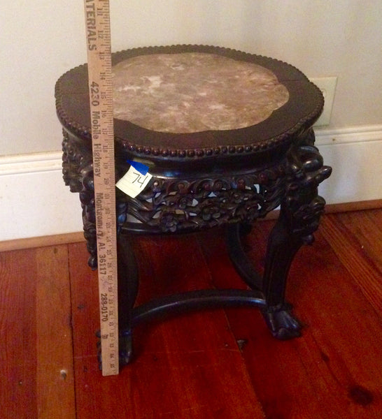 Finely Carved Oriental Teak Marble Top Chinese Plant Stand Asian End Table, , Tables, Deep South Antiques Deep South Antiques
