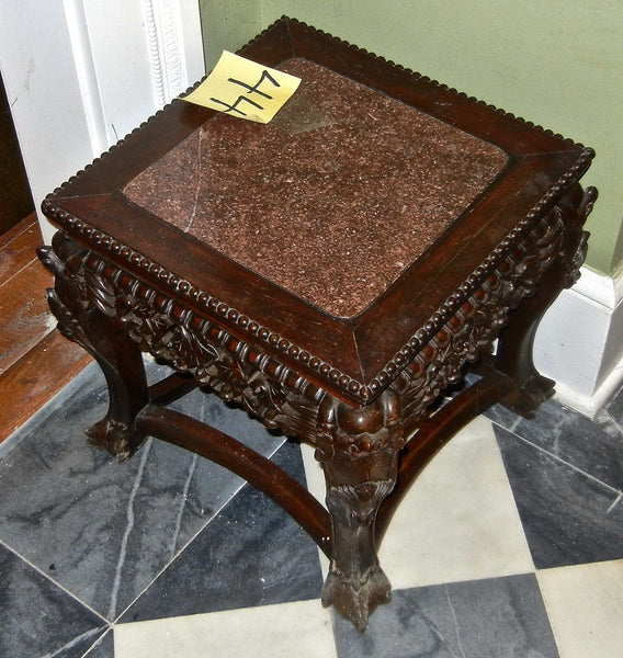 Finely Carved Oriental Teak Marble Top Chinese Plant Stand Asian End Table, , Tables, Deep South Antiques Deep South Antiques