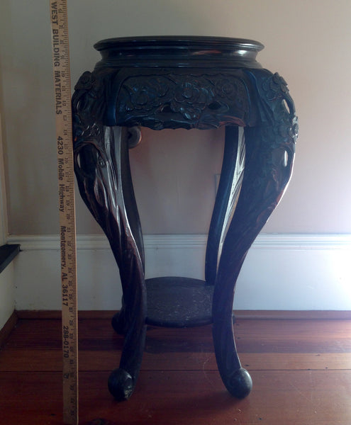 Finely Carved Oriental Marble Top Chinese Plant Stand Asian End Table, , Tables, Deep South Antiques Deep South Antiques