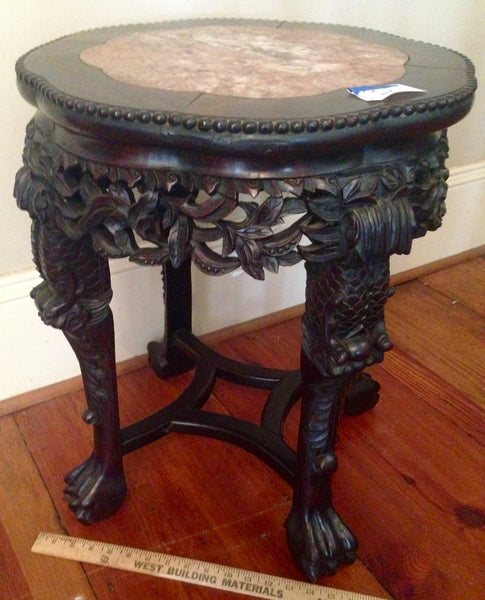Finely Carved Oriental Teak Marble Top Chinese Plant Stand Asian End Table, , Tables, Deep South Antiques Deep South Antiques