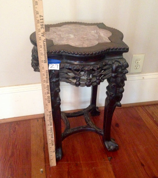 Finely Carved Oriental Teak Marble Top Chinese Plant Stand Asian End Table, , Tables, Deep South Antiques Deep South Antiques