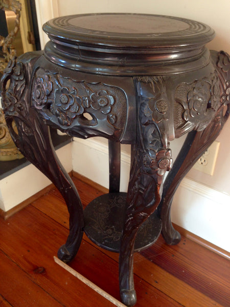 Finely Carved Oriental Marble Top Chinese Plant Stand Asian End Table, , Tables, Deep South Antiques Deep South Antiques