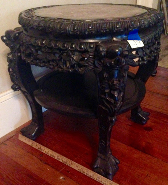 Finely Carved Oriental Marble Top Chinese Plant Stand Asian End Table, , Tables, Deep South Antiques Deep South Antiques